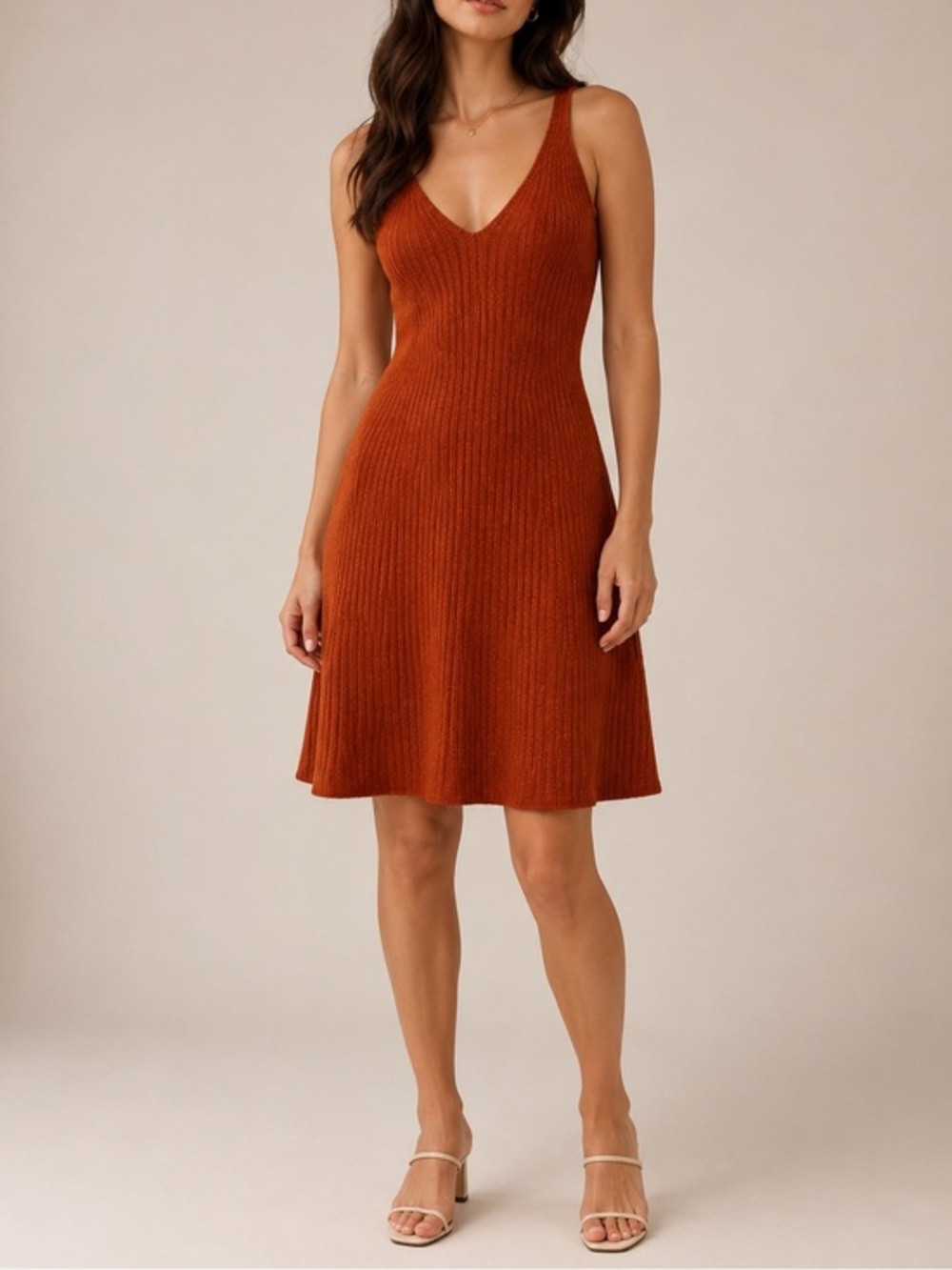 LPA Ribbed Knit Tank Burnt Orange Bodycon Deep V-Neck Autumn Fall Midi Dress